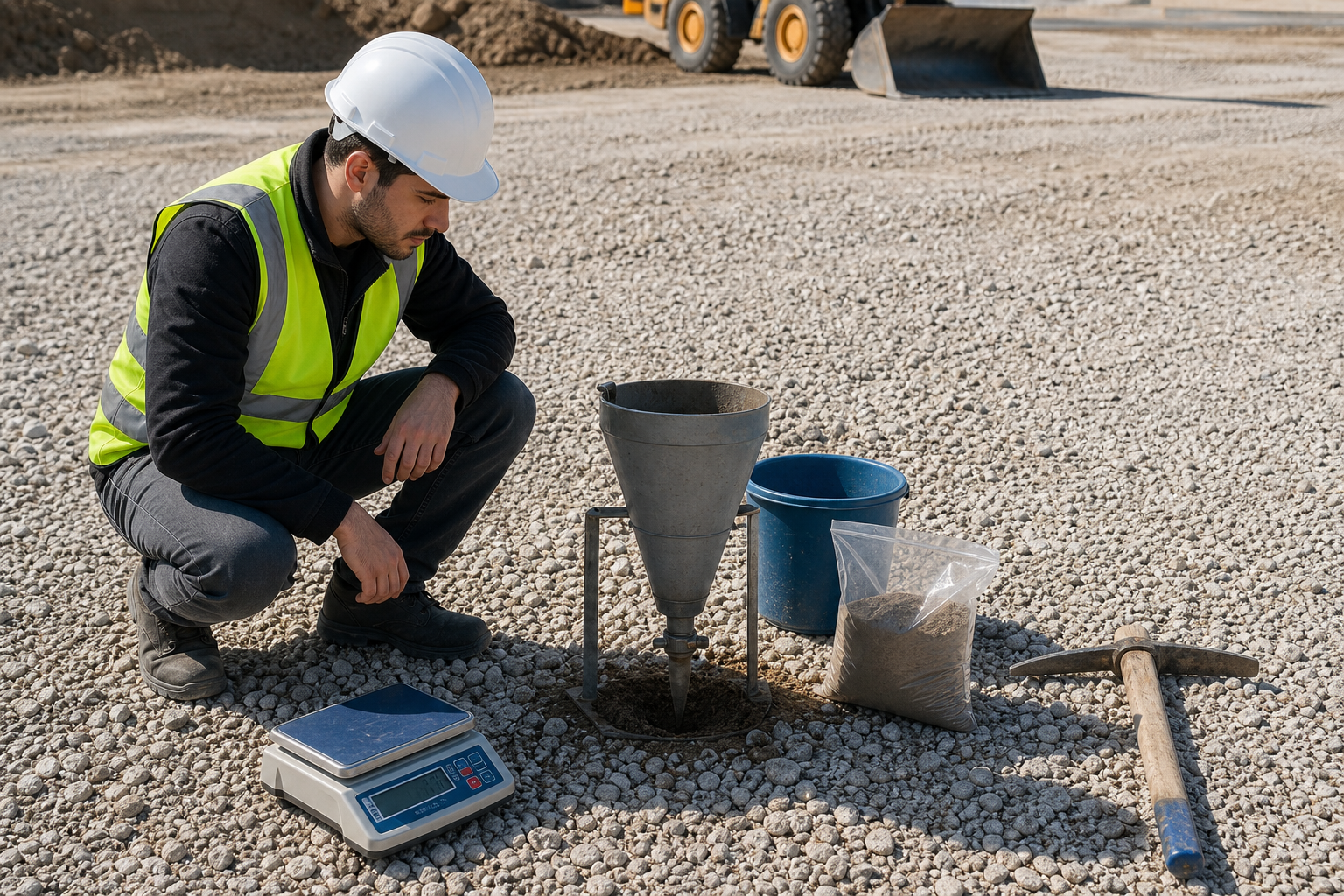 Engineer in safety helmet performing sand cone test
