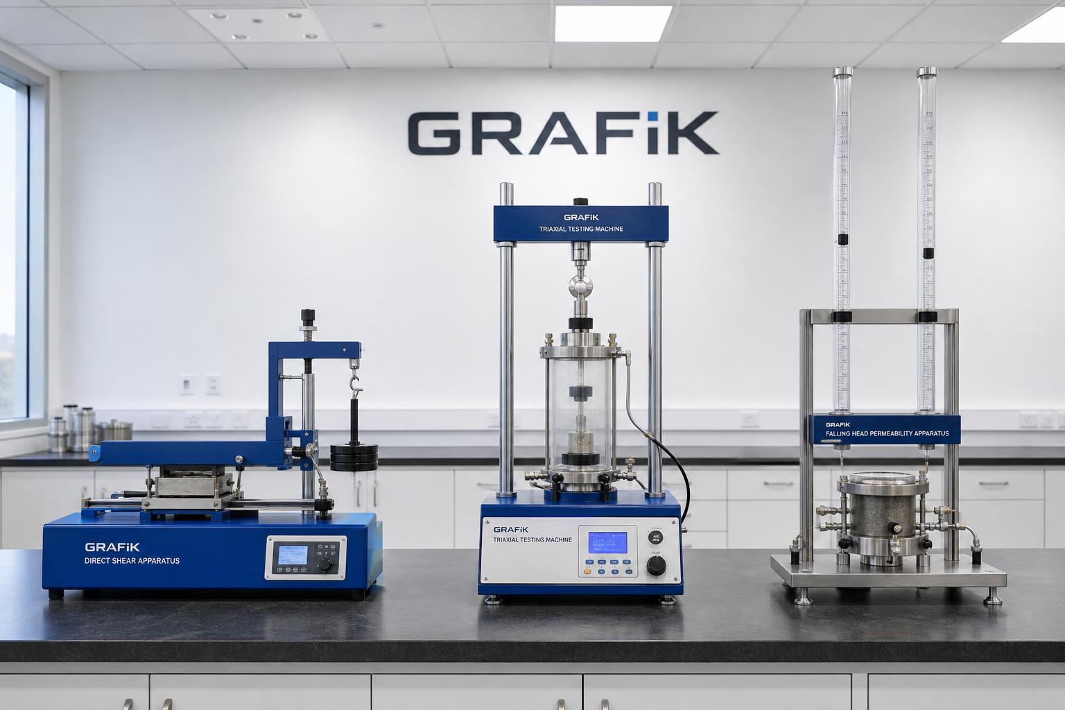 Grafik Jeoteknik laboratory — triaxial, direct shear and falling-head permeability devices